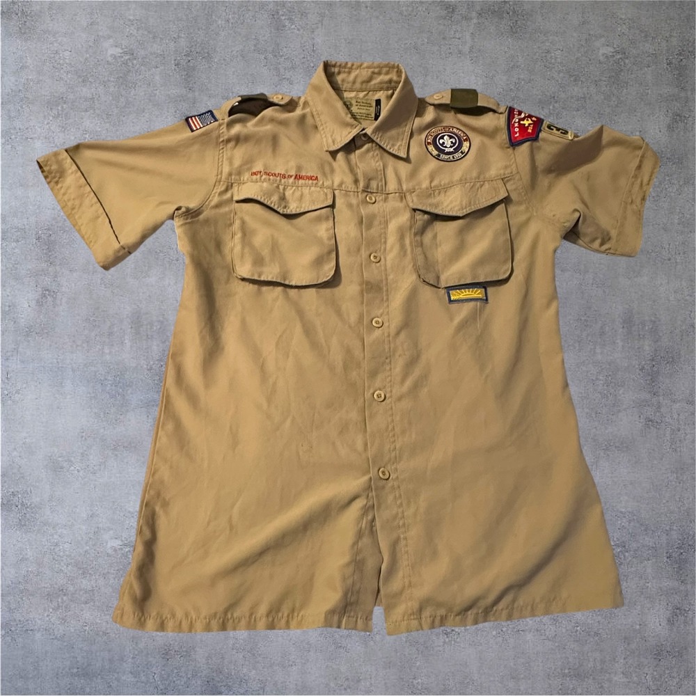 Boy Scouts of America Uniform Shirt Youth XL Tan Patches Ventilated Mesh